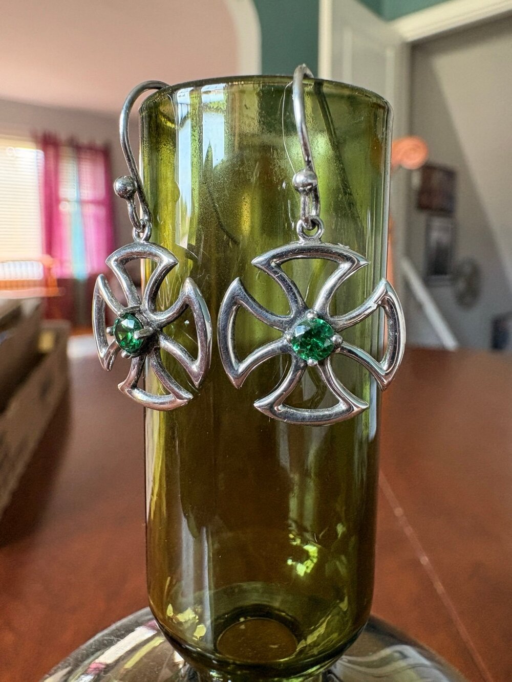Shanore Celtic Earrings Sterling Silver with green stone, from Ireland